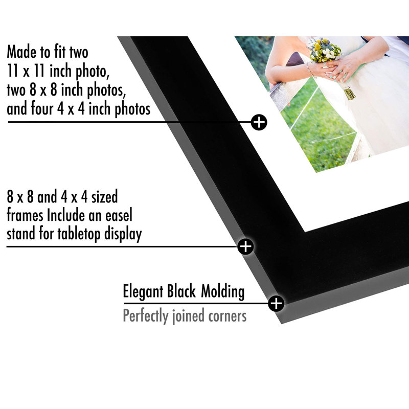 Picture Frame Set, 8 Pieces with Two 11x11, Two 8x8, and Four 4x4, Black