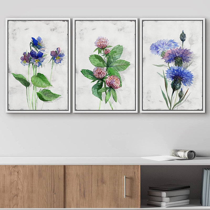 «Blue Pink Flowers», ensemble de 3 reproductions sur toile, H 36 po x l 72 po x P 1,5 po, Cadre flottant blanc