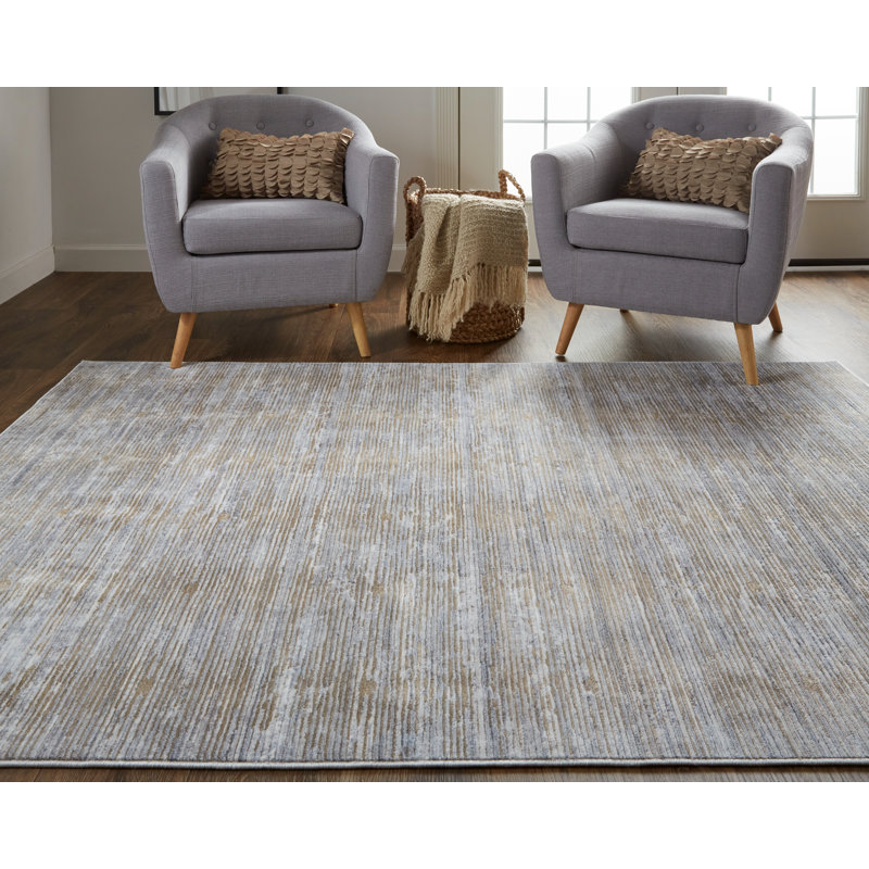 Tapis à rayures délavées Corben, gris / brun / bleu, 5 pi x 7 pi 10 po, Rectangle 7 pi 10 po x 9 pi 6 po