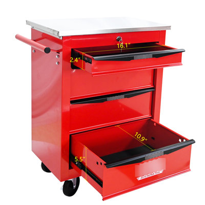 4 Drawers Tool Cart With Wheels And Stainless Steel Roof, Red & Black, For Warehouse Repair Shop Organization, Universal Swivel Locking Mechanisms, Side Handle Easy Movement, - Bearing Drawer Slides,