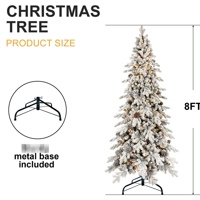 Arbre de Noël 8 pi, matériau floqué, 1000 lumières à DEL blanc chaud, 1634 pointes, 44 pin naturel, assemblage rapide, petits espaces aspect neige, installation, limitée
