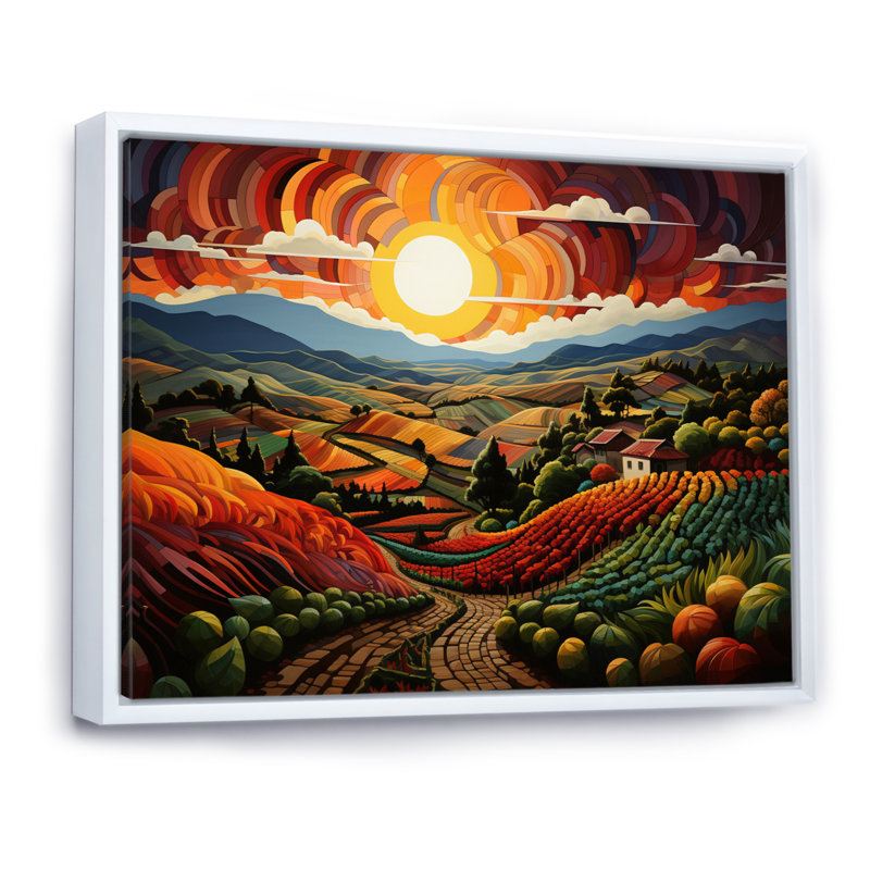 «Orange Green Vineyard Rows Of Ruby I», reproduction sur toile, H 16 po x l 32 po x P 1 po, Cadre flottant blanc