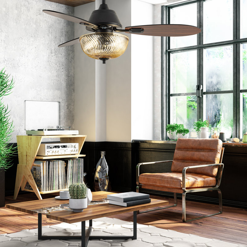 42"W Cecily LED Indoor Amber Swirl Hand-Cut Glass Ceiling Fan With Remote Control, Black