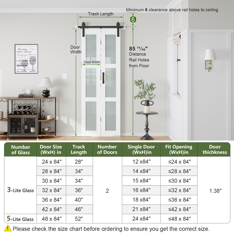 Porte de grange pliante en verre et en bois manufacturé massif avec trousse de quincaillerie d'installation, 30 po x 84 po, 2