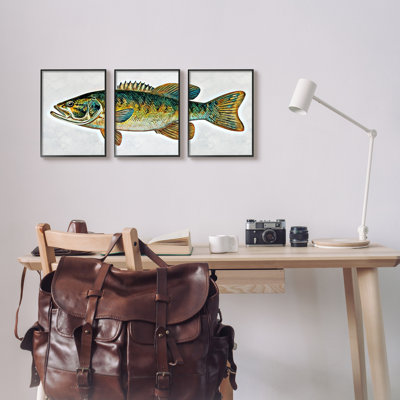 Lake House Bass Fish Wildlife 3 Piece Black Framed Giclee Art Set by Ashley Aldridge