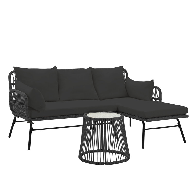 Ensemble de 3 meubles de patio pour l'extérieur, ensemble de conversation modulaire en osier avec coussins épais et table basse en verre trempé pour la cour, le balcon, le jardin et le porche