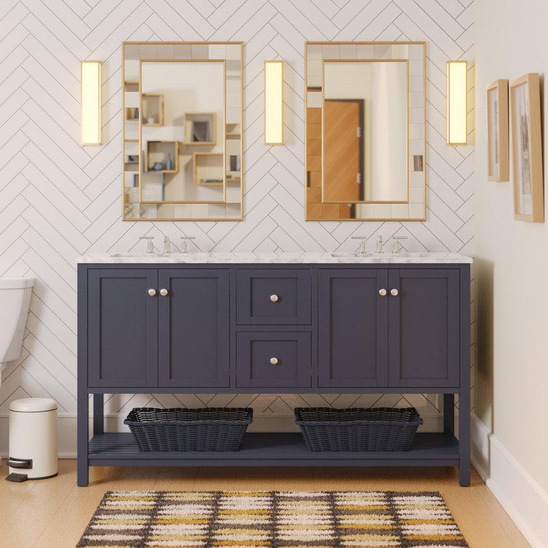 Ensemble de meuble-lavabo double 60 po Binne, Gris marine, Marbre de Carrare