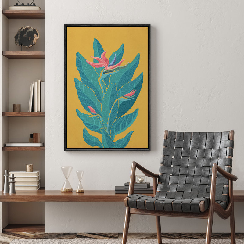Jaune, bleu sarcelle jaune, oiseau de paradis, élégant, floral, botanique, illustrations, décor moderne, Noir