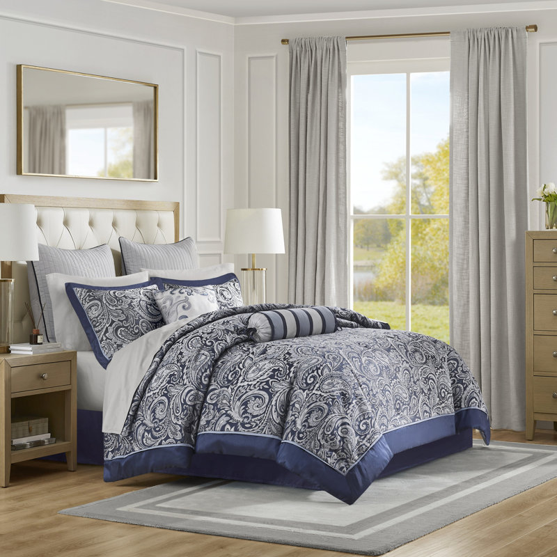 Édredon bleu marine avec 12 draps 100% coton. Fabuleux motif cachemire bleu marine de 12 pièces. Chambre gracieuse, Marine