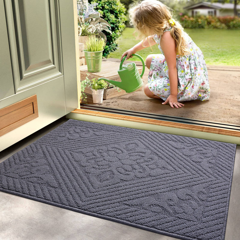 Large Floral Indoor Outdoor Doormat,Machine Washable Low Profile Non-Slip Rug for Front Back Door,Entry, Gray, 32" W x 48" L