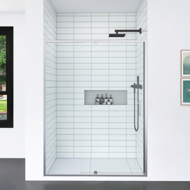 Porte de douche coulissante à cadre pivotant avec verre trempé, Chrome