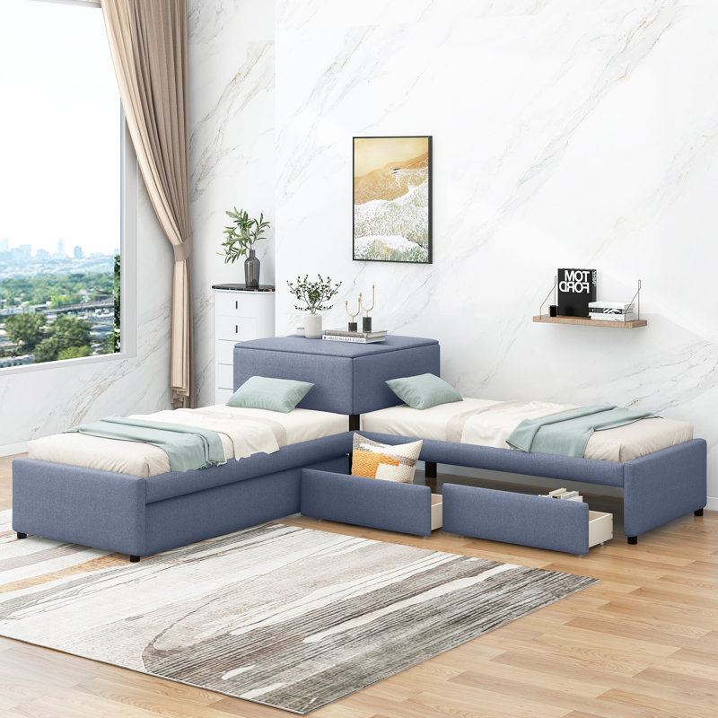 L-Shaped Twin Platform Bed with Trundle, Two Drawers & Built-in Desk, Space-Saving Gray Bed