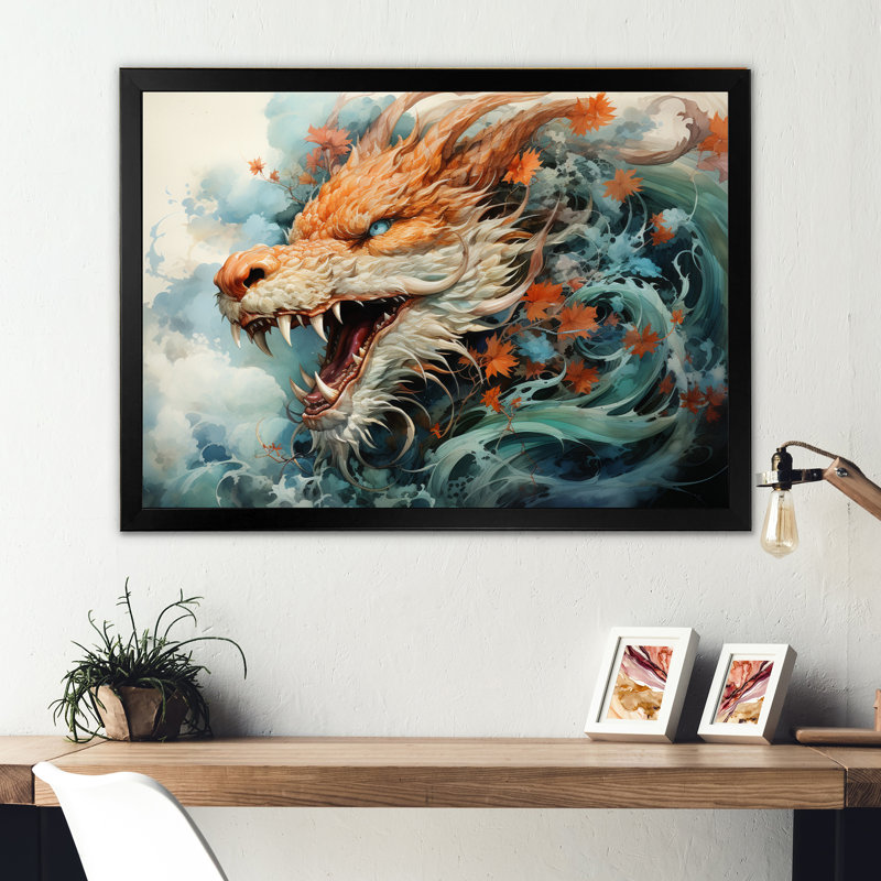 Asian Art Dragons Dance - reproduction d'art, H 24 po x l 32 po x P 1 po, Cadre photo noir