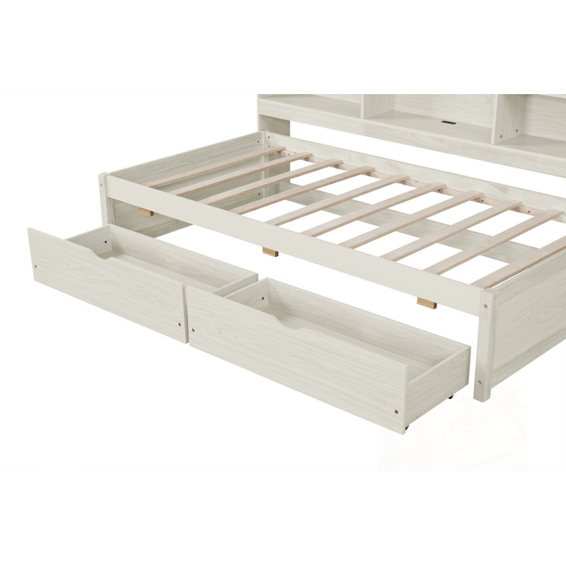 Structure de lit simple avec bibliothèque latérale, deux tiroirs et port USB intégré, Blanc crémeux