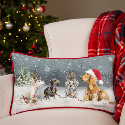 Christmas Dogs Abstract Blue Rectangular Throw Cushion