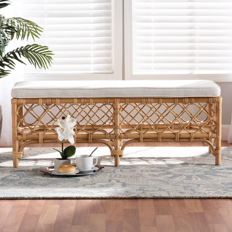 48" Boho Wicker Ottoman, Handwoven Cane Entryway Seat