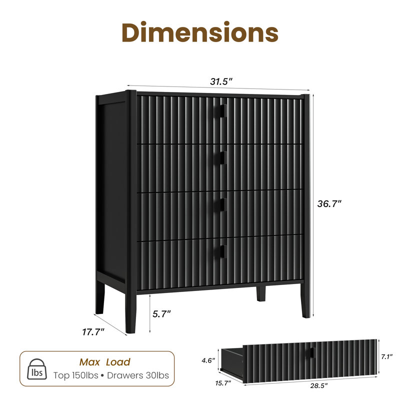 Commode à 4 tiroirs, H 36,7 po, Noir