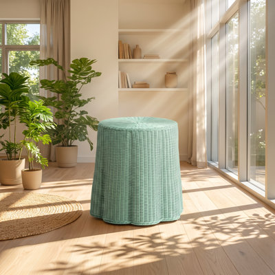Table console ronde en rotin naturel tressé à la main avec accents métalliques, 71 cm L x 71 cm P x 69 cm H