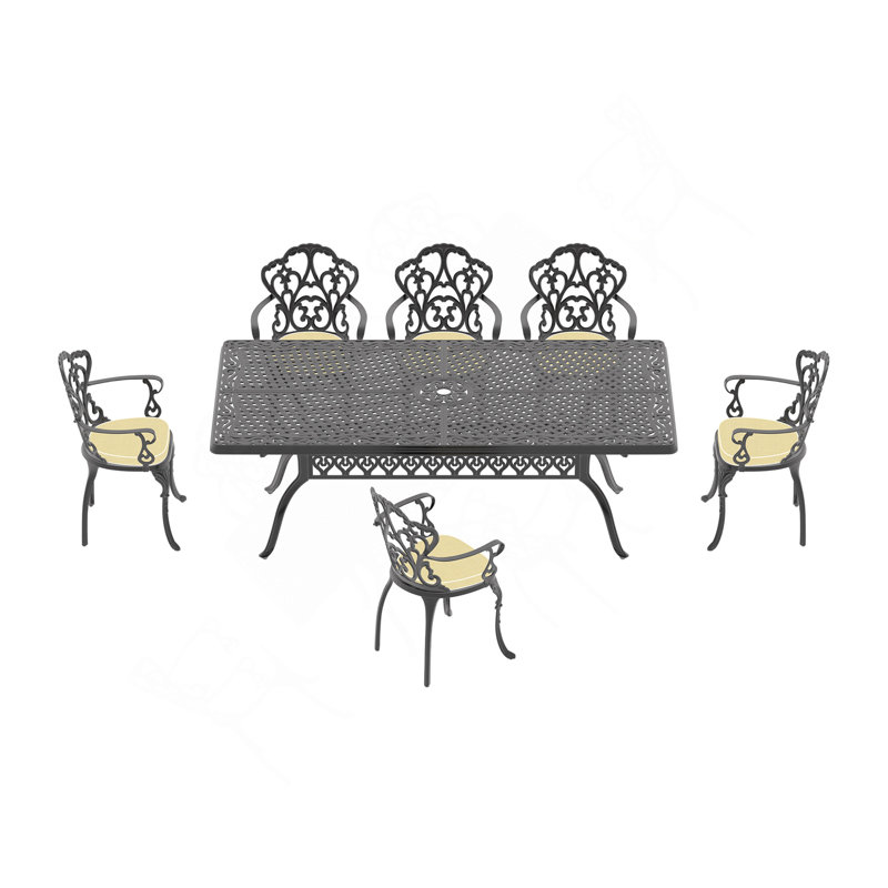 Ensemble de 7 pièces de mobilier de patio en aluminium coulé avec cadre noir et coussins de siège