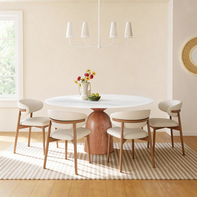Ikerne 4 - Person Dining Sets With 59'' Round Table & 4 Upholstered Myra Dining Chairs, 29.52"H x 59.05"L x 59.05"W, White