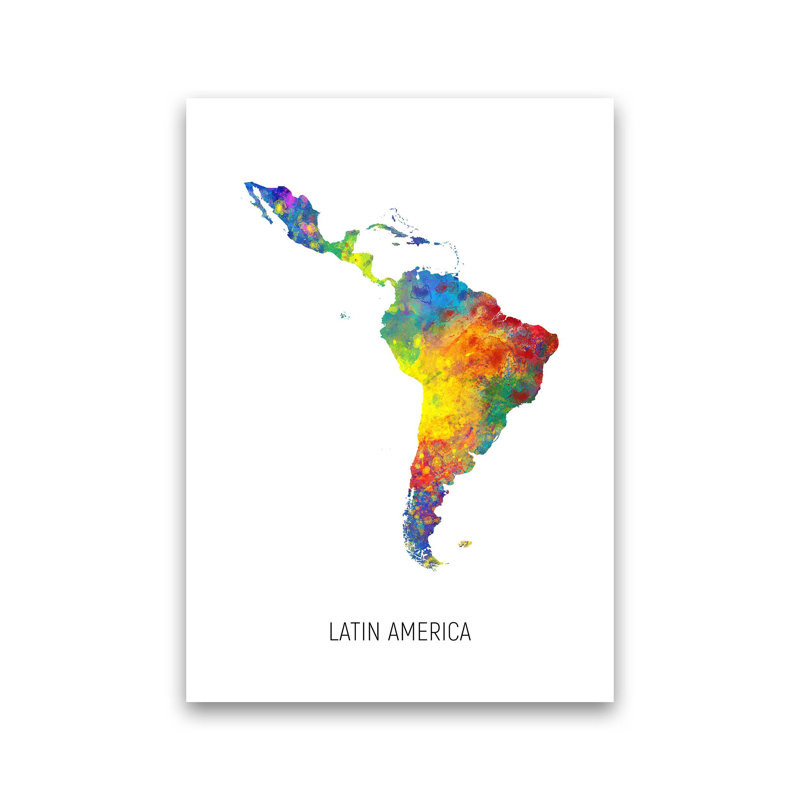 Latin America Watercolour Map by Michael Tompsett - Print, 59cm H x 42cm W x 1cm D, Unframed
