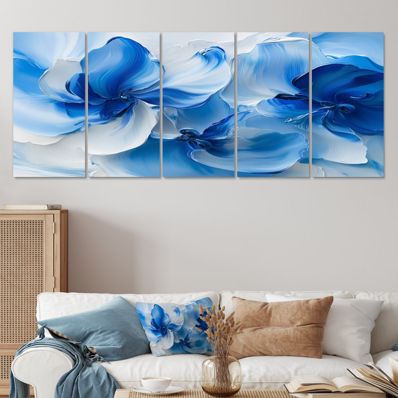 Océan bleu pétale géométrie délicate pétales de fleurs - art mural fleurs - toile d'art moderne, H 32 po x l 80 po, 5