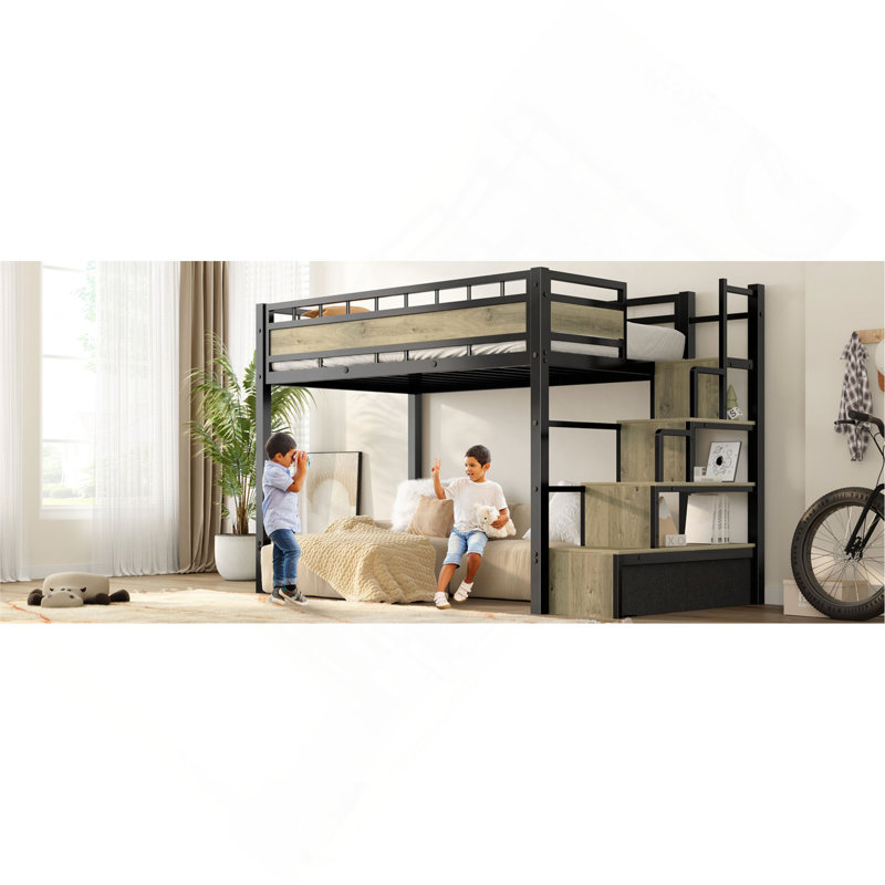 Lit mezzanine bas simple, avec escalier et garde-corps, lourd, peu encombrant