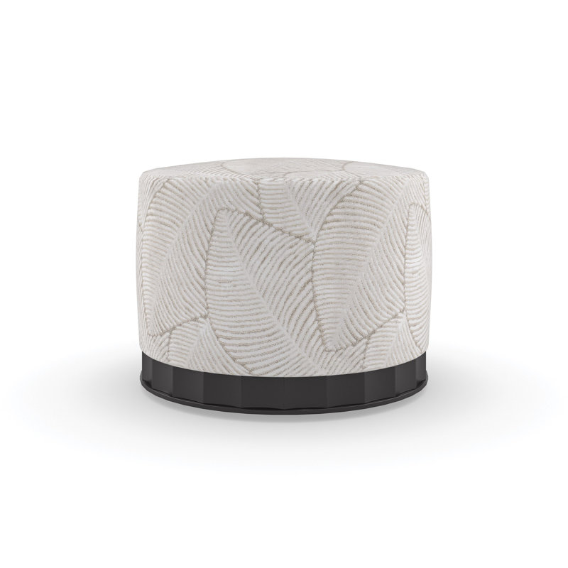 Beige Velvet Round Ottoman with Scalloped Wood Base