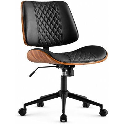 Chaise de bureau à domicile en cuir PU noir, chaise de bureau de style noyer à dossier mi-haut