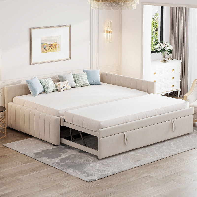 Full Size L-Shaped Upholstered Daybed With Twin Size Pop Up Trundle, Beige
