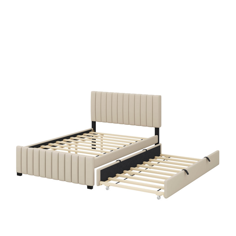 Lit plateforme double en velours avec lit gigogne, Beige