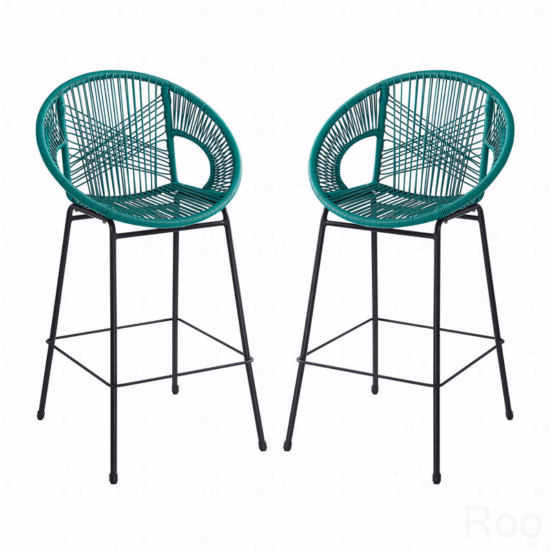 Set Of 2 Outdoor Patio Barstool, Teal Faux PE Wicker, Black