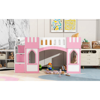Twin Size Loft Bed With Window And Convenient Storage Staircase In Pink - Robust Wood Versatile Enchanting Ornamental Strong