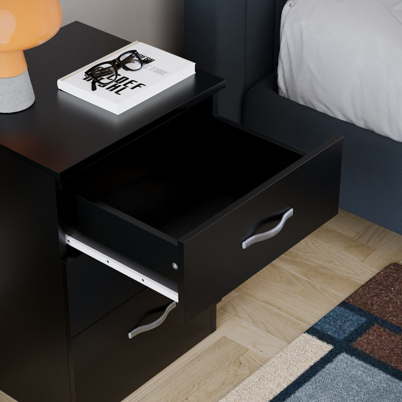 Maybery 3 - Drawer Bedside Table Nightstand, Black