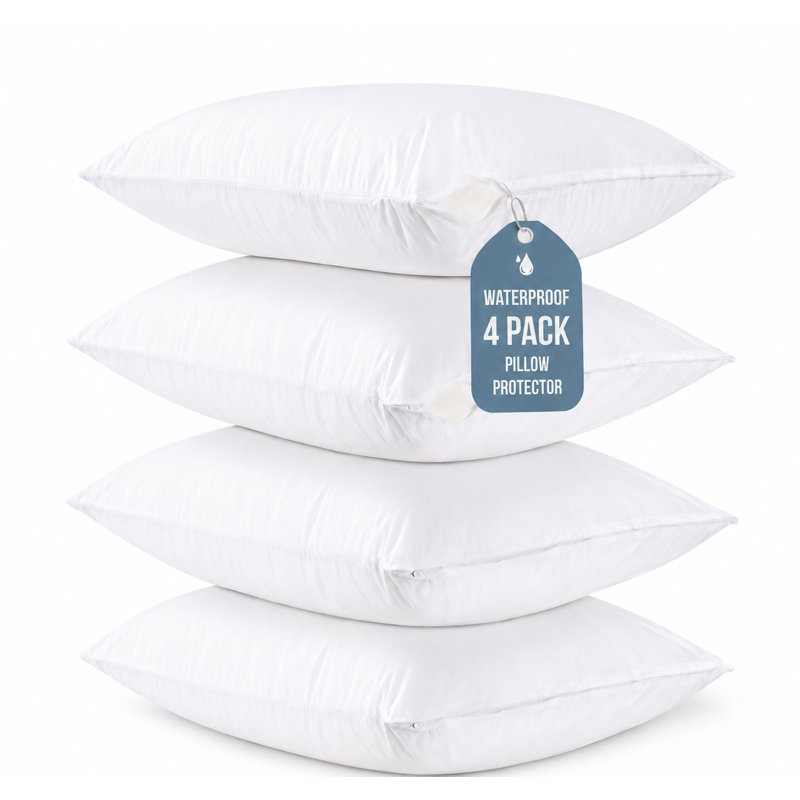 Waterproof Pillow Protectors with Zipper — Set of 4, Hypoallergenic Breathable Microfiber, Noise-Free | Queen | Machine Washable | Hotel Quality