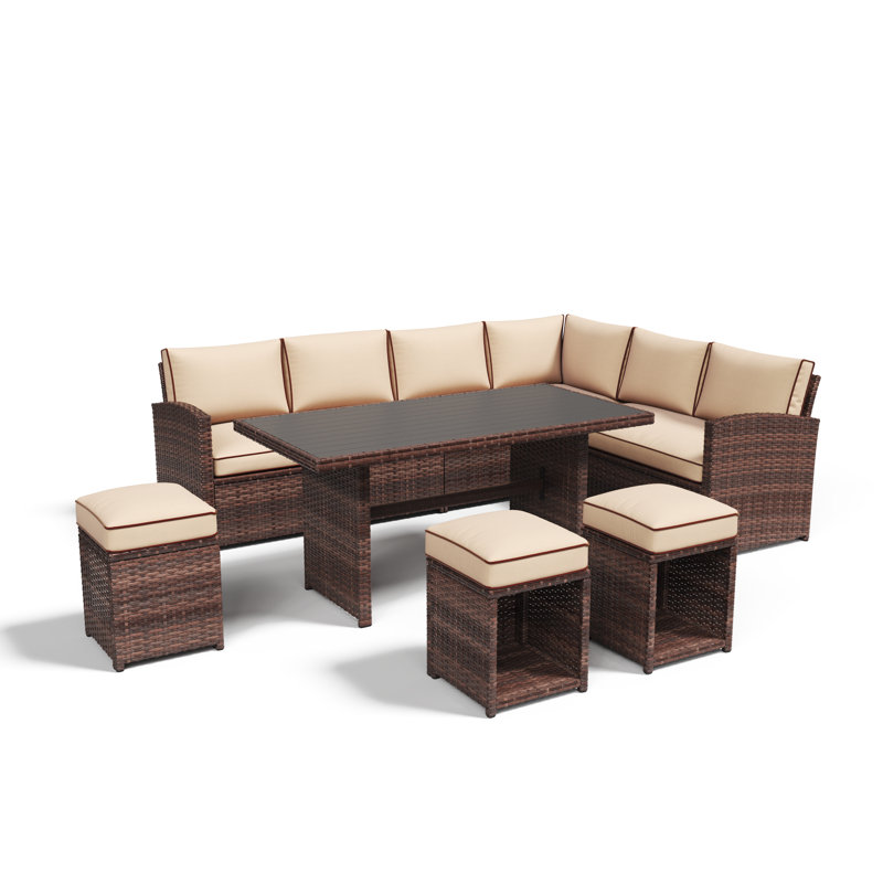 Ensemble de conversation d'extérieur en osier pour 8 personnes avec coussins Atvars, Beige