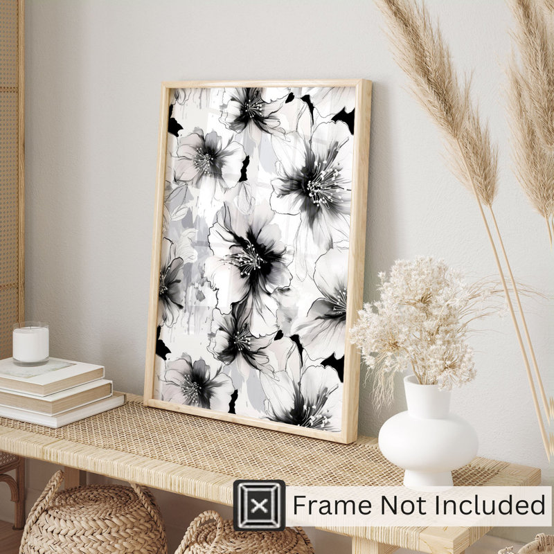 Impression florale noire et blanche I, art moderne sans cadre, H 10 po x l 8 po