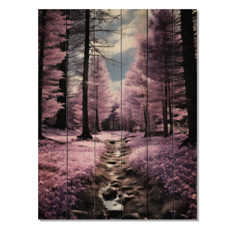 Sentier de forêt mauve sur bois, H 40 po x l 30 po x P 0,78 po