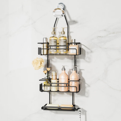 Bathroom Shower Rack - Extended Three-Tier Rust-Proof No-Drilling Bathroom Rack With 16 Hooks And Soap Holder, Anti-Sway Rack