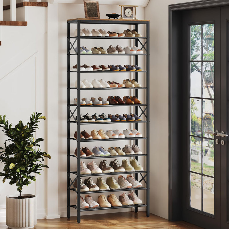 12 Tier Shoe Rack, Suitable for Entryway and Closet, Metal Mesh for Durability and Aesthetics, Rustic Brown + Black