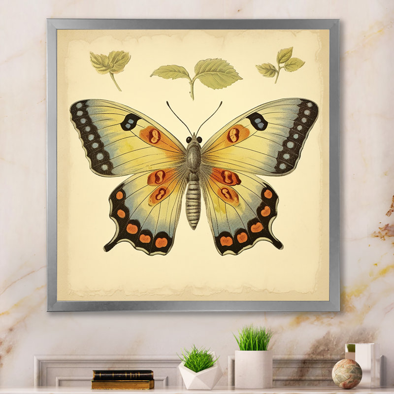 Illustration rétro d'un papillon élégant, Cadre simple argenté, H 16 po x l 16 po x P 1 po