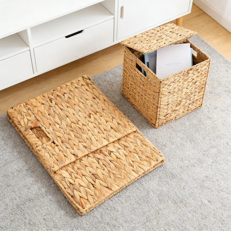Jinei Handwoven Water Hyacinth Storage Baskets With Lids And Handles, 6-Pack Foldable Cube Organizer Bins For Home, Laundry, And Pantry