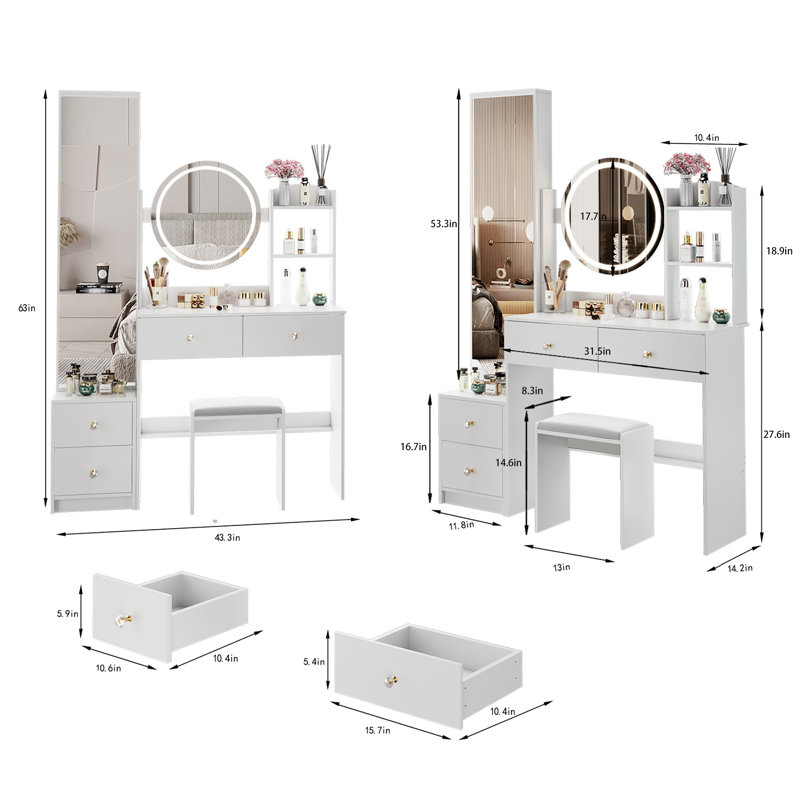 Full Body Mirror Cabinet + Round Mirror LED Vanity Table + Cushioned Stool, 17" Diameter LED Mirror, Touch Control, 3-Color, Brightness Adjustable, Large Desktop, Multi-Layer High Capacity Storage