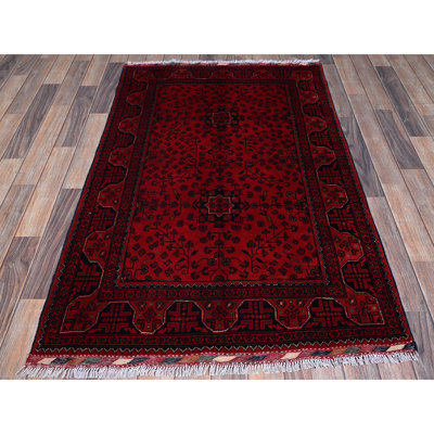 3'5"x5'2" Scarlet Red, Hand Knotted, Afghan Khamyab with Tribal Design, Vegetable Dyes, Soft and Shiny Wool, Oriental Rug