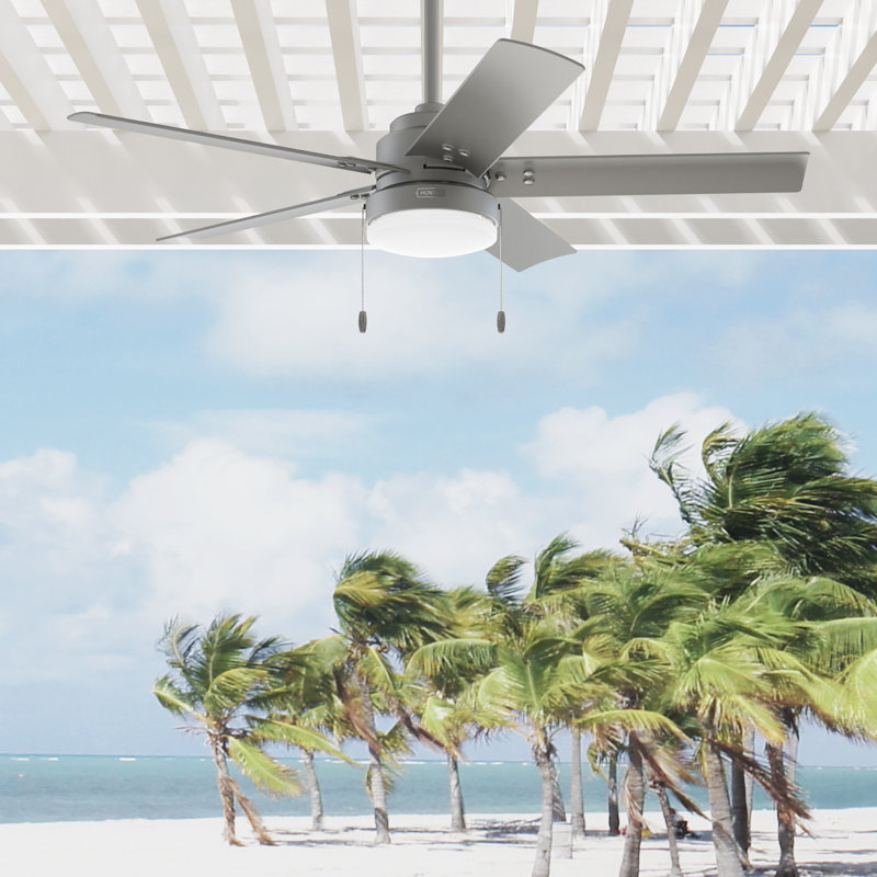 52" 5 - Blade Outdoor Standard Ceiling Fan with Lights and Pull Chains, Matte Silver