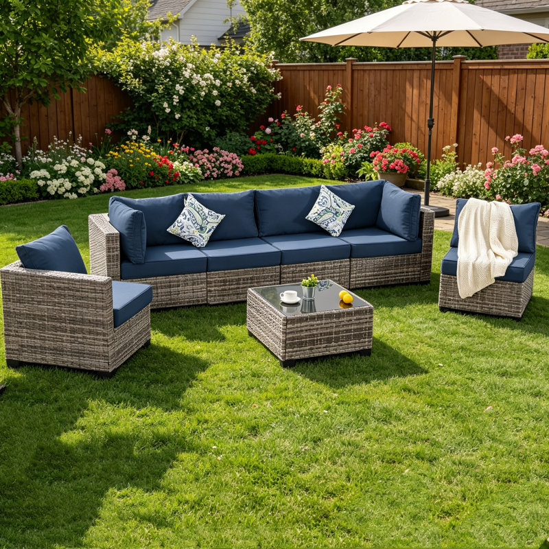 Ensemble de conversation modulaire en rotin 7 pièces avec coussins 7 pièces, Bleu, Gris