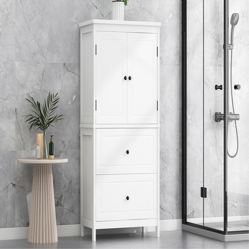 Bathroom Storage Cabinet, Cabinet With Two Doors And Drawers, Adjustable Shelf, MDF Board, White
