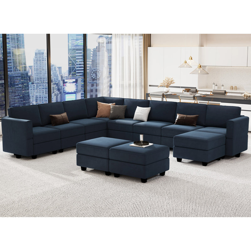 Wylodene 143" W Velvet Modular Sectional Sofa, Blue Velvet
