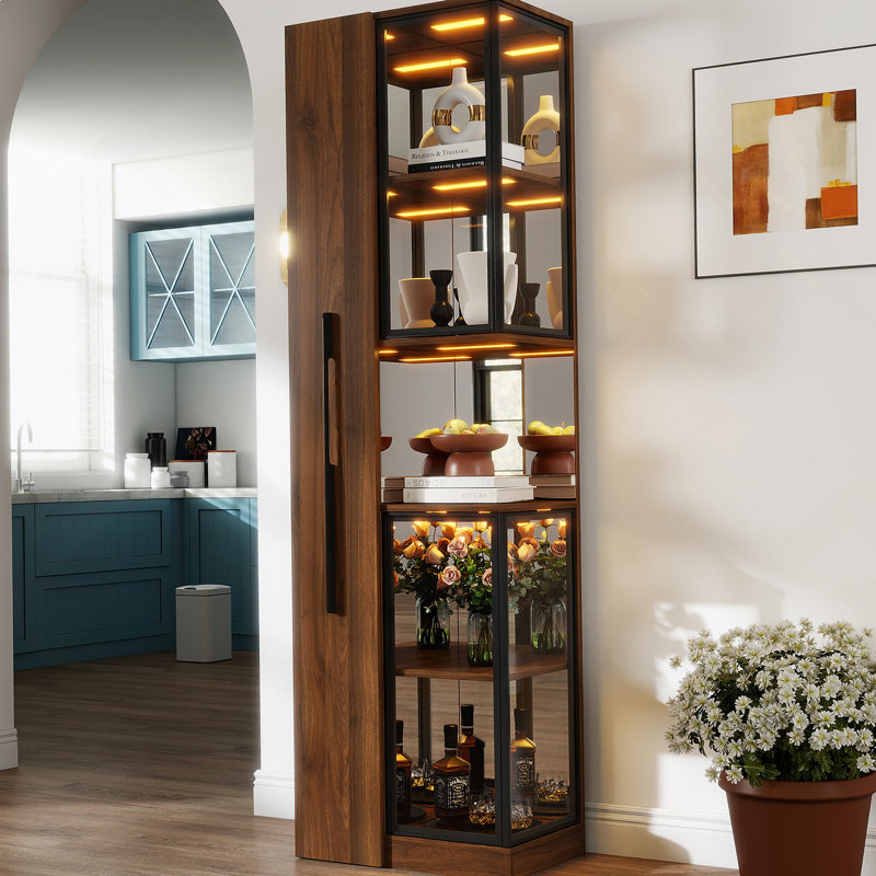 70" Display Cabinet With Glass Doors And Lights, With Multi-Functional Pull-Out Multi-Tier Storage Shelf , Wooden Display Storage Cabinets