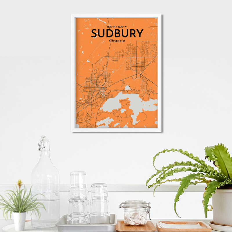 Sudbury City Map, impression, H 24 po x l 18 po, Orange / gris